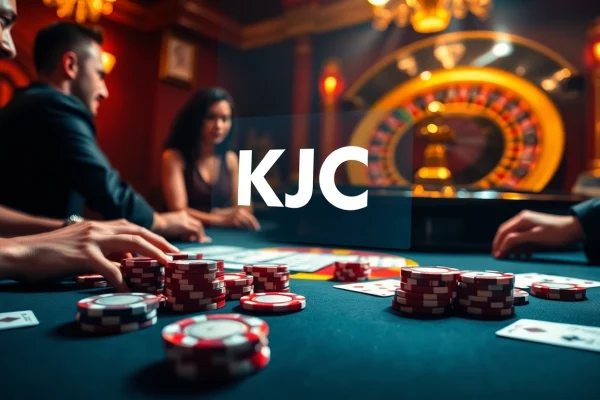 KJC poker game showcasing high stakes excitement with vibrant chips and cards.