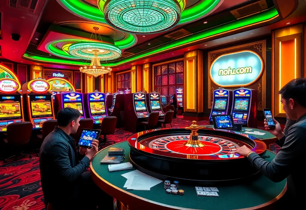 Experience the excitement of nohu com with dynamic online gaming scenes featuring slot machines and players.