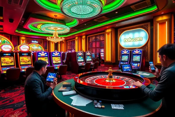 Experience the excitement of nohu com with dynamic online gaming scenes featuring slot machines and players.