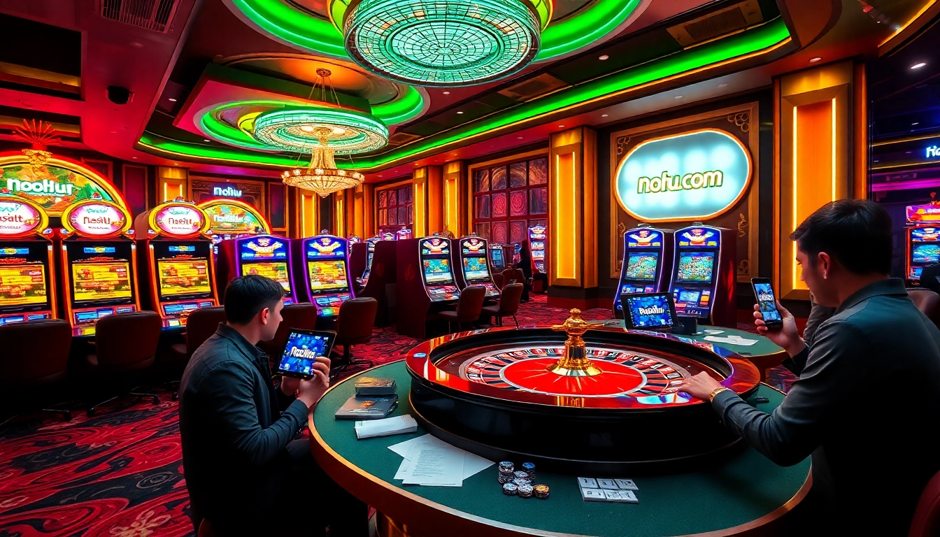 Experience the excitement of nohu com with dynamic online gaming scenes featuring slot machines and players.