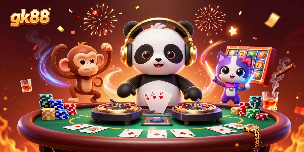 Join the exciting gk88 casino experience with a vibrant scene of a DJ panda, breakdancing monkey, and glow-stick kitten.