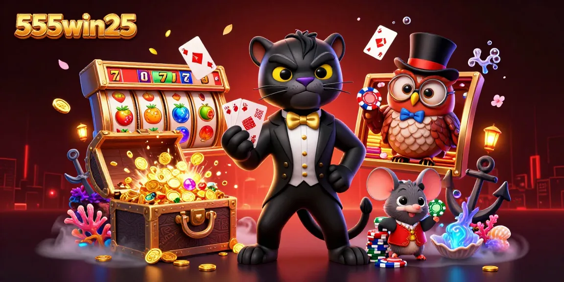 Play casino games with 555win25 showcasing vibrant slots and 3D characters in a rich, dynamic scene.