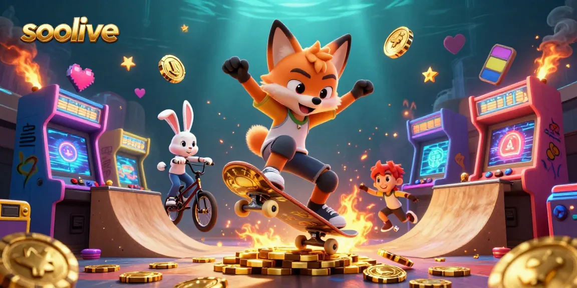 Socolive features a vibrant scene of a skateboarder fox and BMX rabbit engaging with colorful arcade games in a casino-themed illustration.