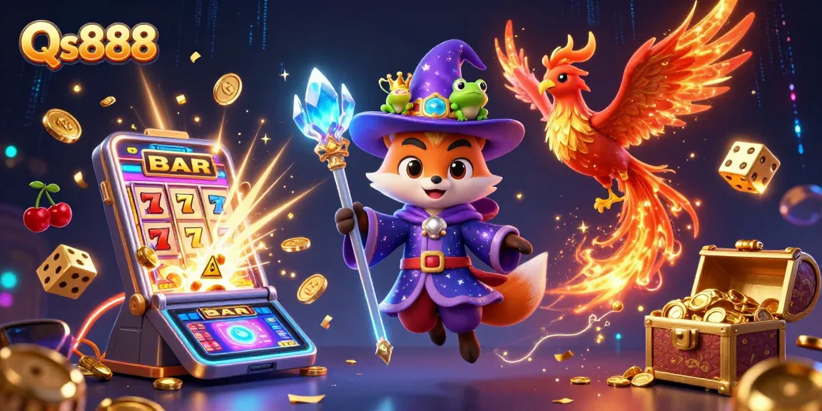 Experience excitement at Qs888 with vibrant characters and dynamic casino elements bursting with energy.
