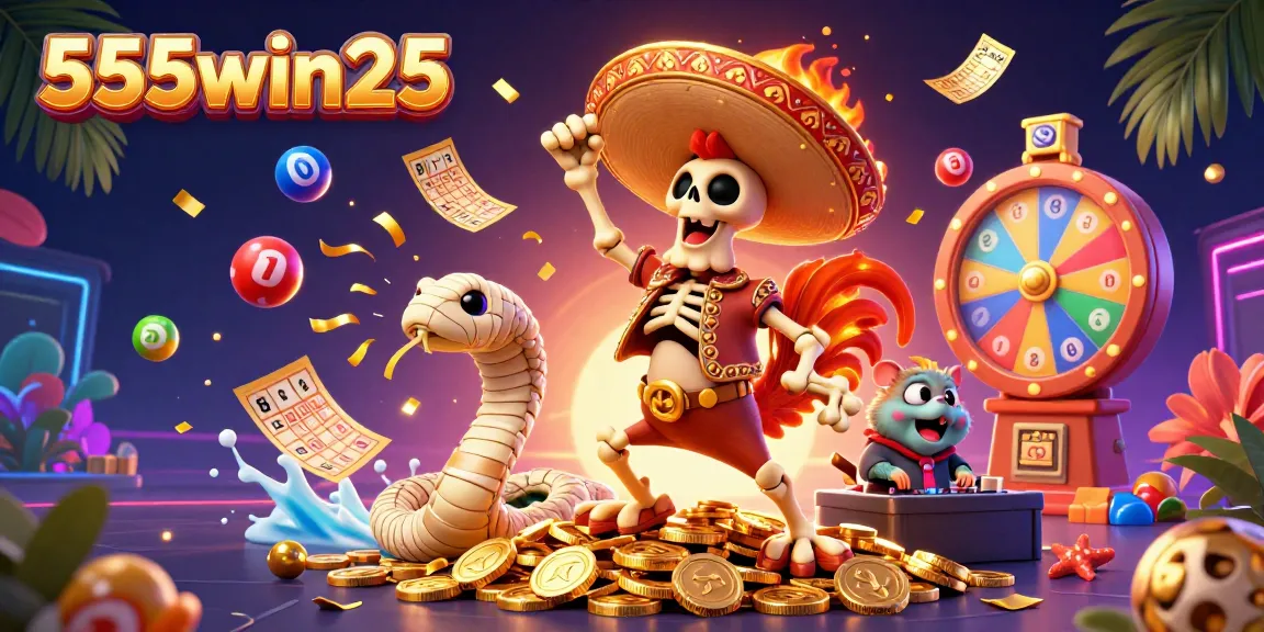 Win big at 555win25 with lottery vibes and festive celebration featured in a vibrant 3D illustration.