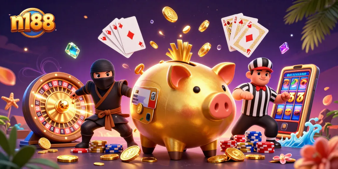 Win big at n188 with an action-packed scene featuring a golden piggy bank sumo wrestler and gaming elements.