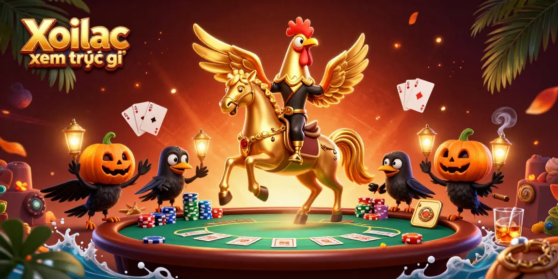 Xoilac xem trực tiếp in an exciting animated casino scene with a golden rooster and poker elements.