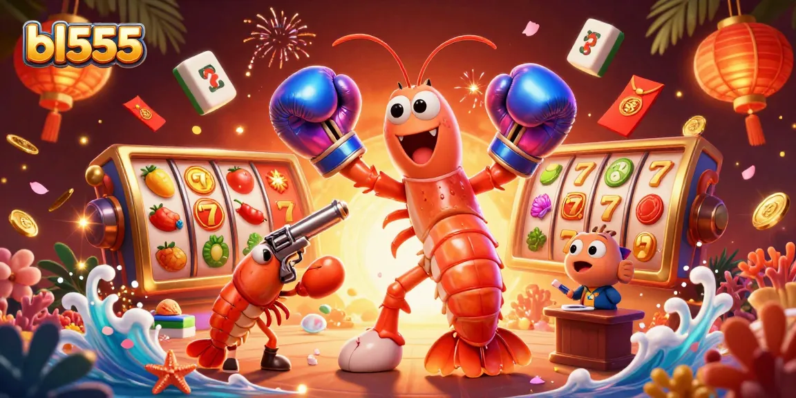 Experience the thrill with bl555 in a vibrant casino scene featuring lively shrimp characters and rich game elements.
