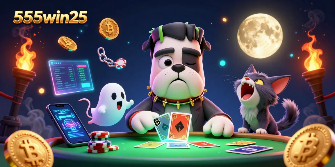 Engage in thrilling fun at 555win25 with a festive casino-themed illustration showcasing exciting gaming elements.