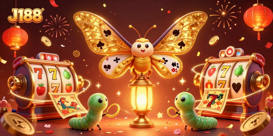 Experience J188 excitement with a vibrant 3D casino illustration showcasing an atlas moth and slot reels.