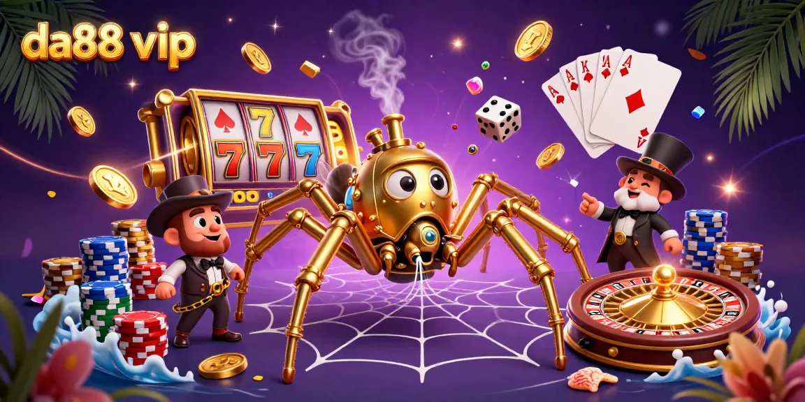 Experience the excitement of slots with da88 vip as a golden spider weaves a jackpot web filled with coins and cards.