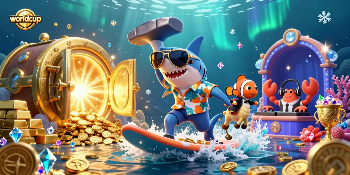 Experience thrilling worldcup excitement with a shark surfing gold coins in a vibrant underwater casino scene.
