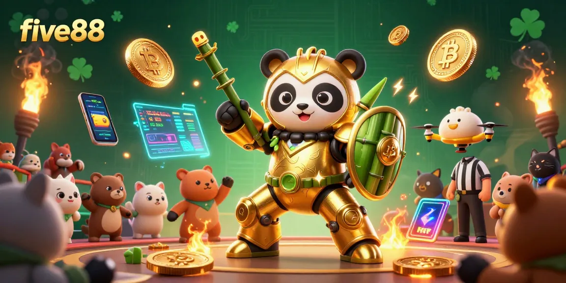 Experience five88's dynamic arena with a golden panda mech battling amidst crypto coins and cheering spectators.